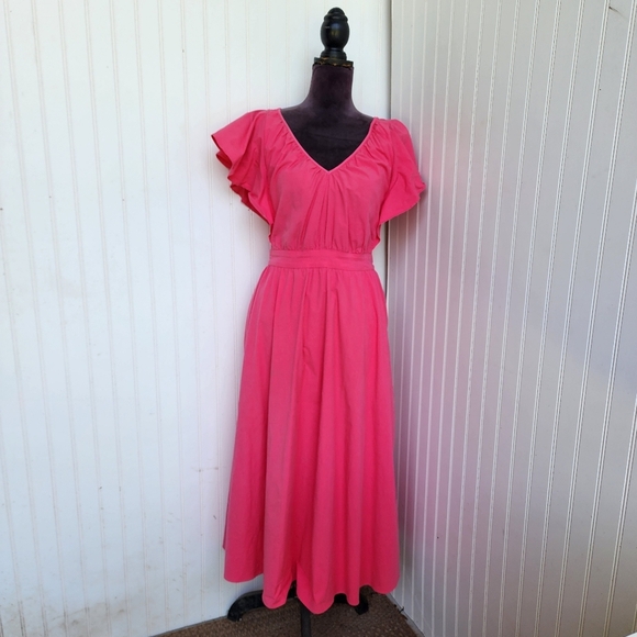 Ann Taylor Pink Poplin Flutter Sleeve V Neck Midi Dress Pockets Cotton Blend 4 - Picture 1 of 13